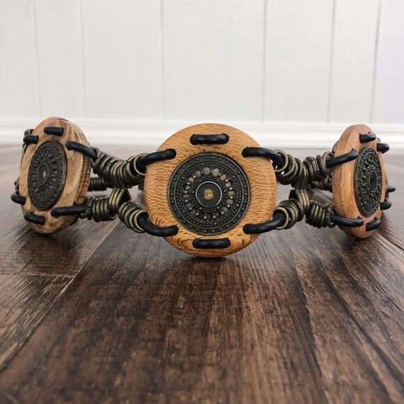 Concho Belt Hip Slung Mixed Media Wood Chain Boho Festival Size Small Tan Multi - Picture 2 of 12